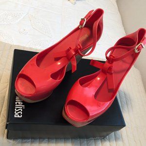 Melissa, Coral  Bow Detail Peep Toe Wedge